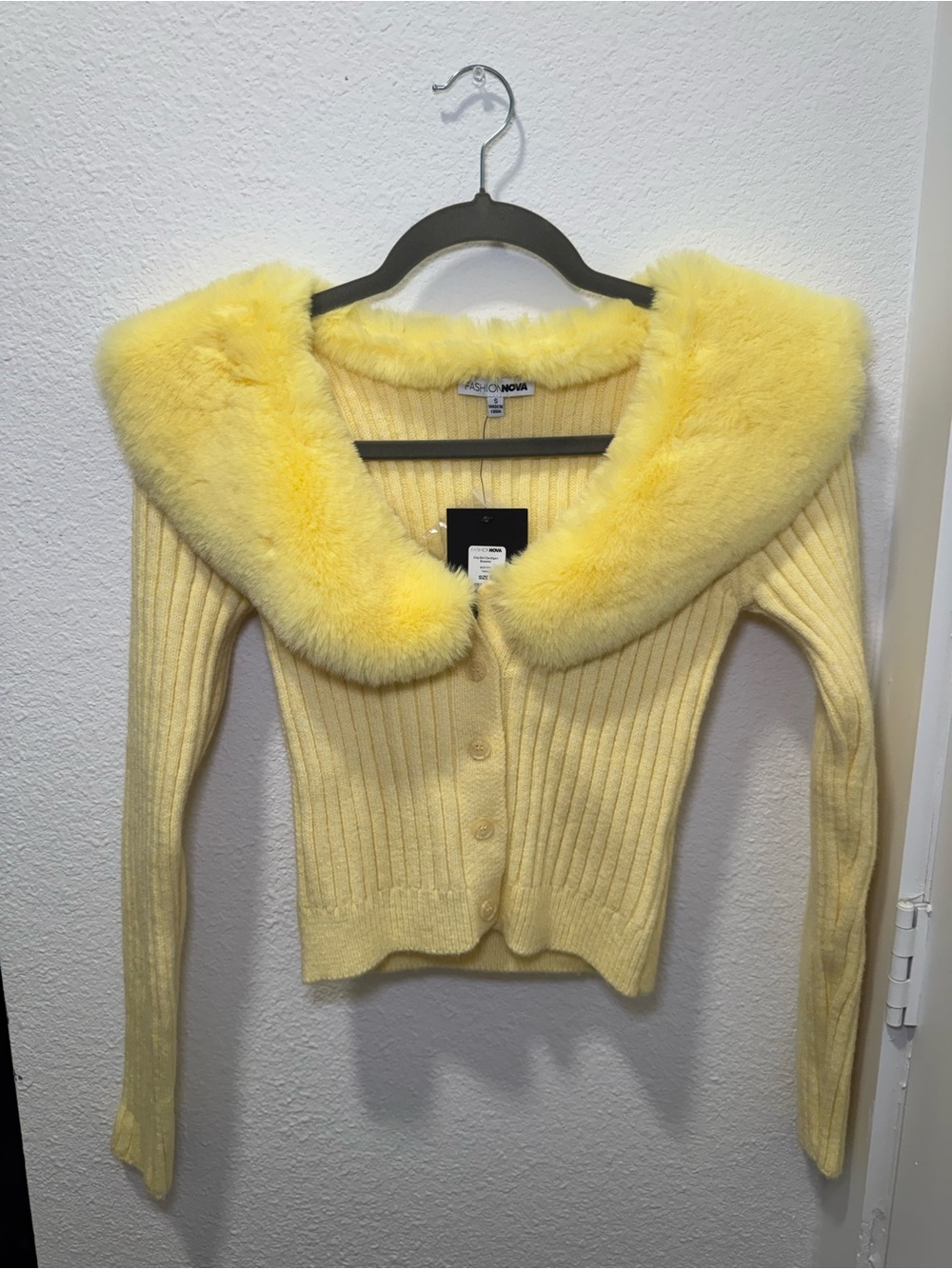 Fashion Nova Yellow Ribbed Cardigan with Faux Fur Collar